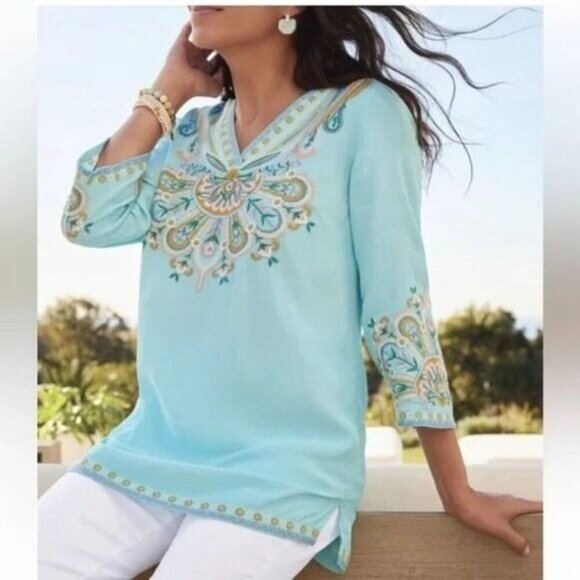 Soft Surroundings Womens Blue River Island Tunic Embroidered NWT Small - Picture 1 of 7